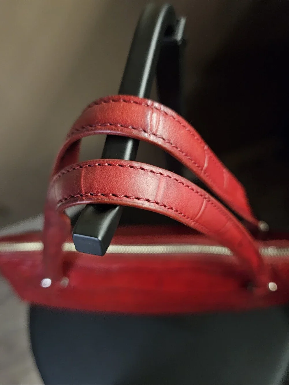 Vintage Monsac Croc-Embossed Italian Leather Baguette Handbag- Cherry Red - Picture 10 of 12